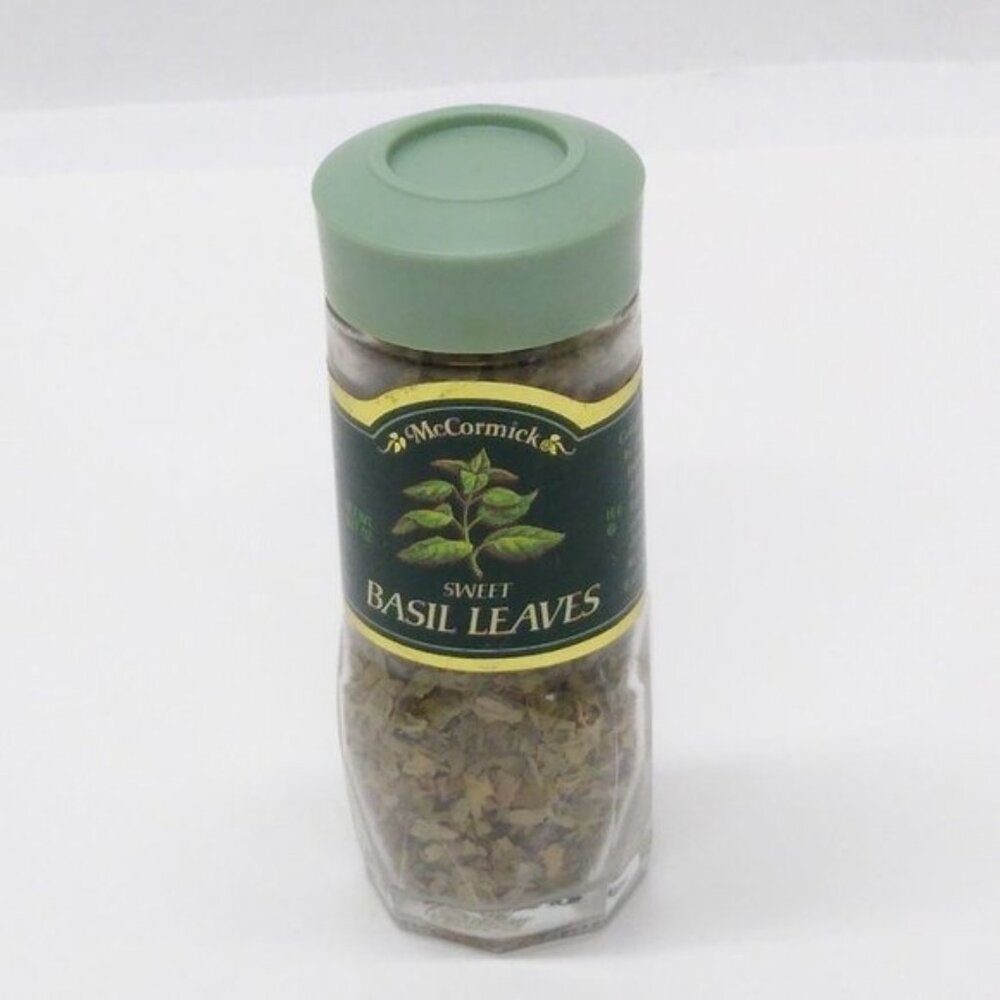 McCormick Sweet Basil Leaves1985 Green Lid Glass Jar Vintage Contents Un-Usable